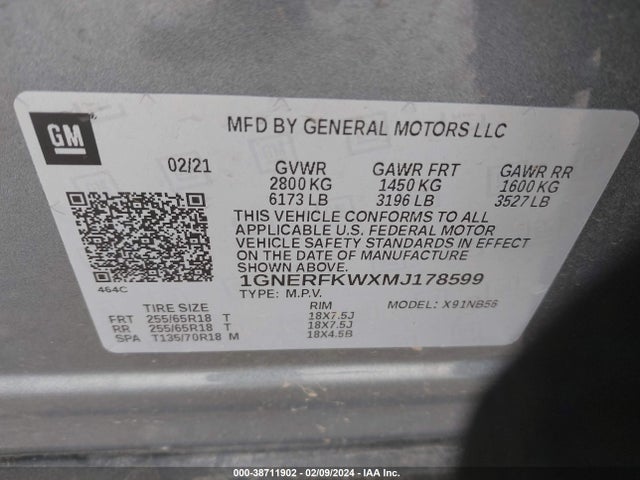 38711902 :رقم المزاد ، 1GNERFKWXMJ178599 vin ، 2021 Chevrolet Traverse Fwd Ls مزاد بيع