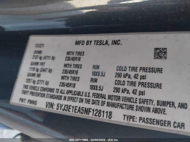 5YJ3E1EA5NF128118 Tesla Model 3 Rear-wheel Drive