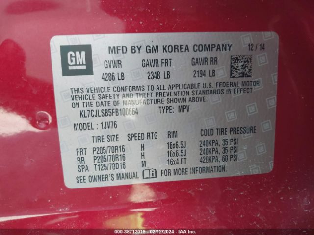 KL7CJLSB5FB100664 Chevrolet Trax Lt