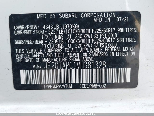 Subaru Crosstrek Premium 2021 JF2GTAPC1MH381328 Image 9