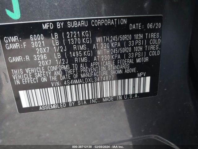 4S4WMALDXL3474877 Subaru Ascent Limited