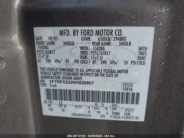 2006 FORD F-150 STX/XLT VIN: 1FTRF02226KB28807