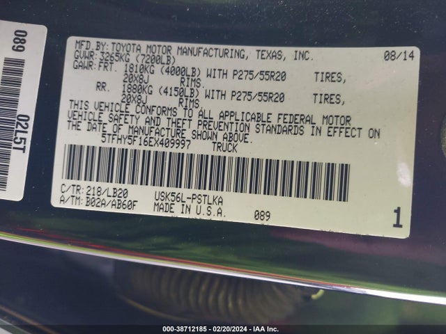 5TFHY5F16EX409997 Toyota Tundra Limited 5.7l V8