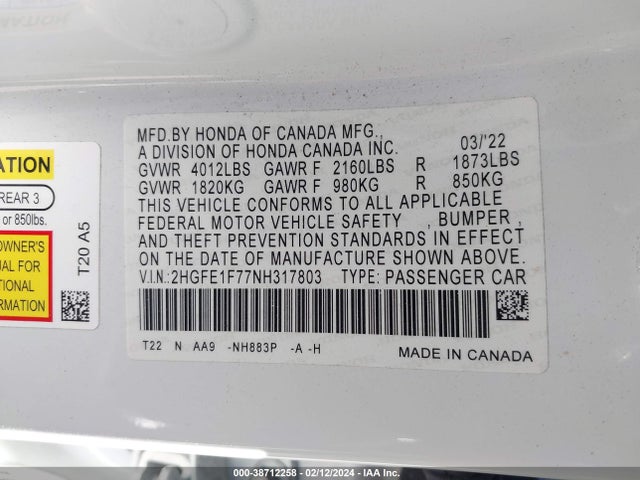 Honda CIVIC EX 2022 2HGFE1F77NH317803 Image 9
