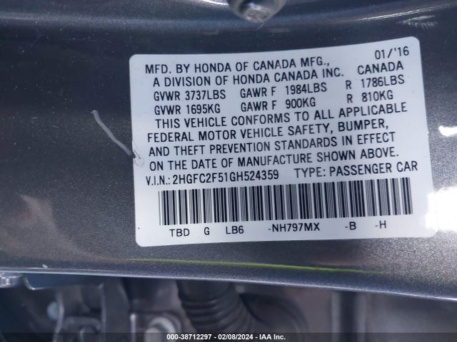 Honda Civic Lx 2016 2HGFC2F51GH524359 Image 9
