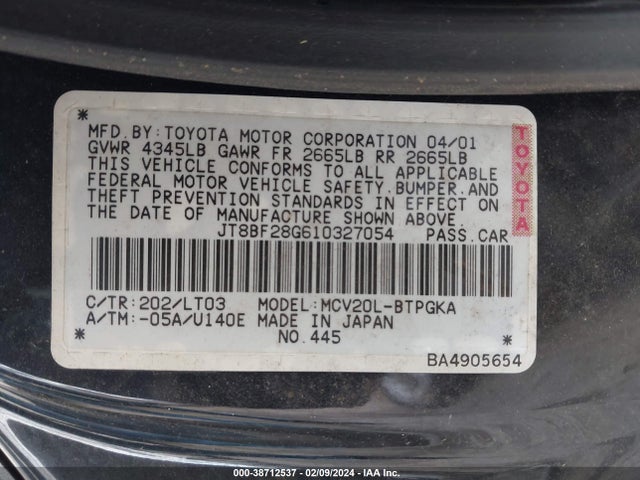 2001 LEXUS ES 300 BASE (A4) VIN: JT8BF28G610327054