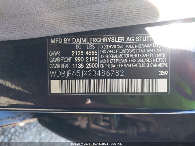 2002 MERCEDES-BENZ E 320 SPECIAL EDITION VIN: WDBJF65JX2B486782
