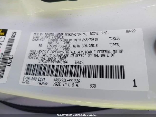 Toyota Tundra Sr5 2022 5TFLA5DB8NX048184 Image 9