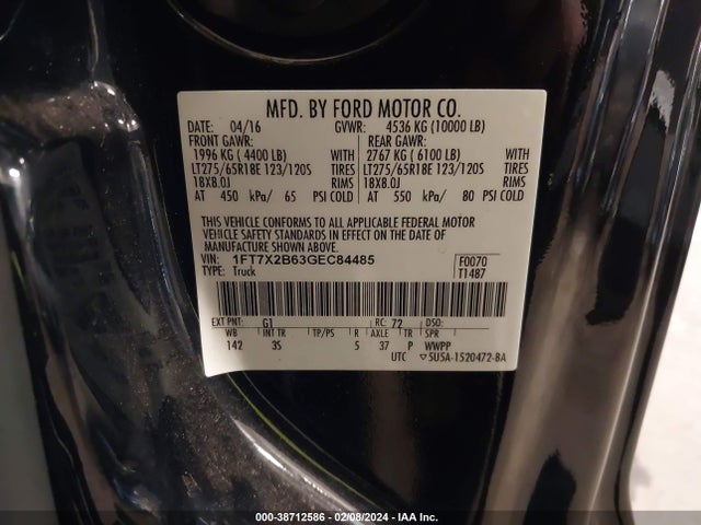2016 FORD F-250 XLT VIN: 1FT7X2B63GEC84485