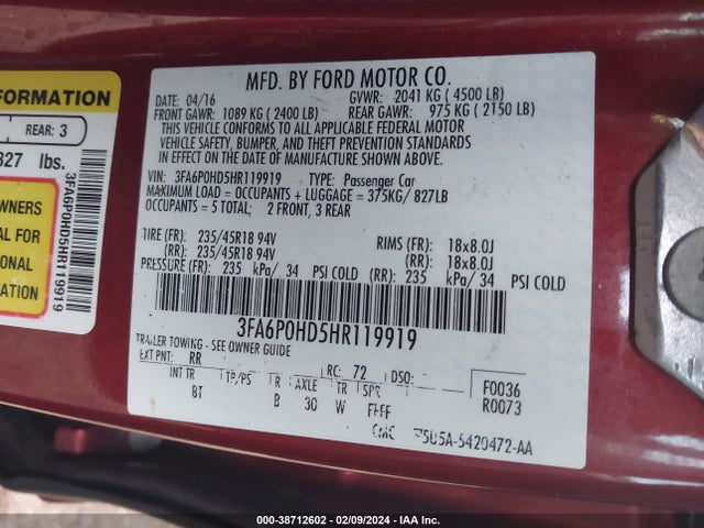 Ford FUSION SE 2017 3FA6P0HD5HR119919 Image 9