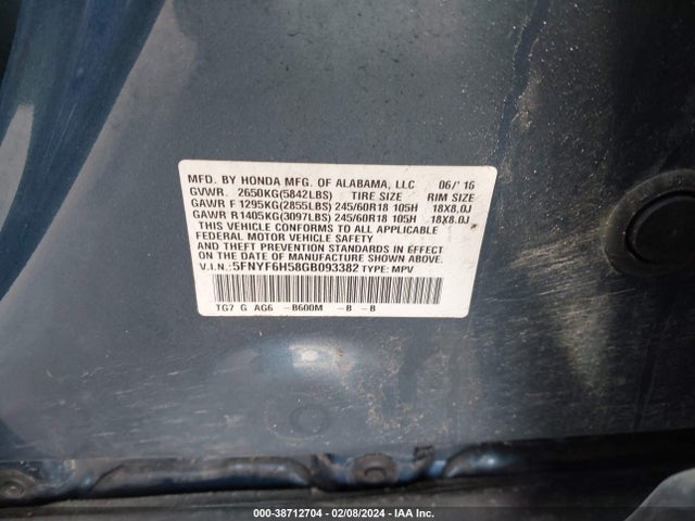 Honda Pilot Ex-l 2016 5FNYF6H58GB093382 Image 9