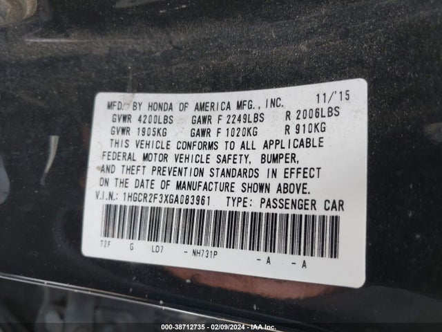 Honda ACCORD LX 2016 1HGCR2F3XGA083961 Image 9