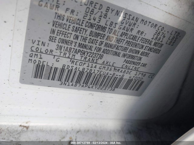 Nissan SENTRA S 2019 3N1AB7AP6KY223738 Image 9