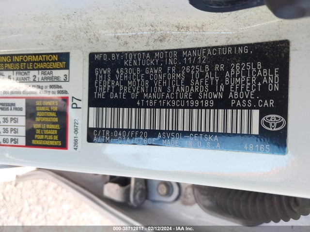 2012 TOYOTA CAMRY SE VIN: 4T1BF1FK9CU199189