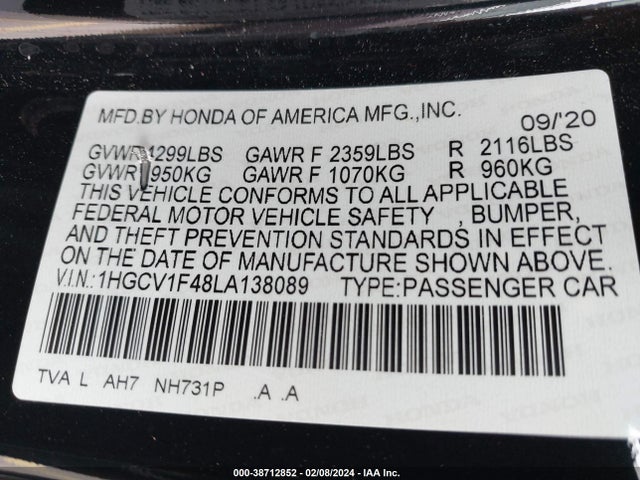 Honda ACCORD EX 2020 1HGCV1F48LA138089 Image 9