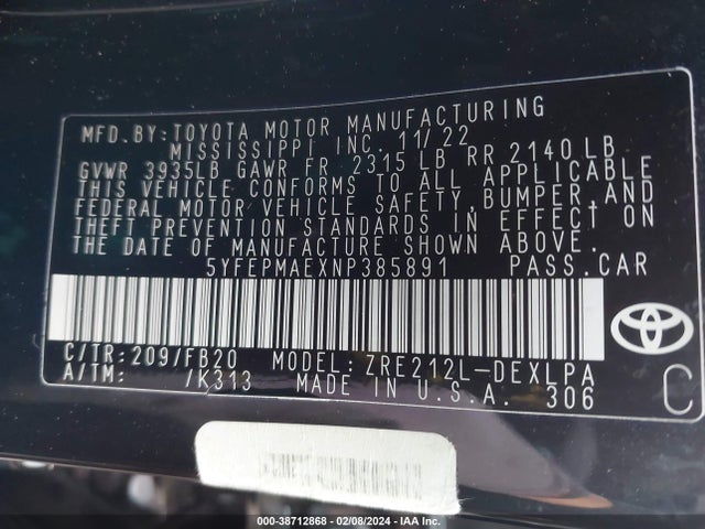 Toyota COROLLA LE 2022 5YFEPMAEXNP385891 Image 9