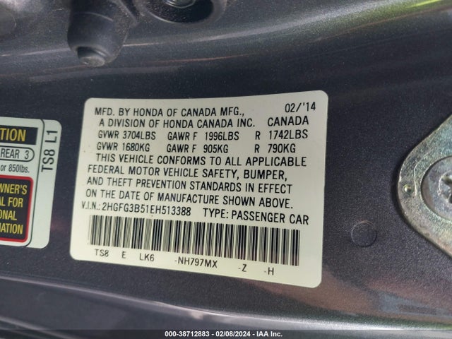 Honda Civic Lx 2014 2HGFG3B51EH513388 Image 9