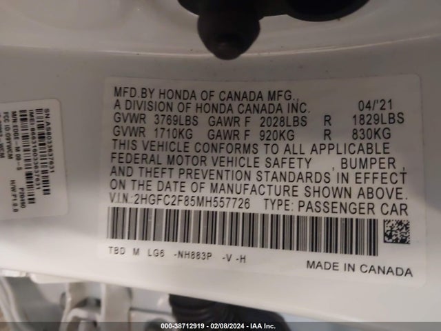 Honda Civic Sport 2021 2HGFC2F85MH557726 Image 9