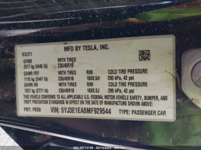 5YJ3E1EA8MF929544 Tesla Model 3 Standard Range Plus Rear-wheel Drive