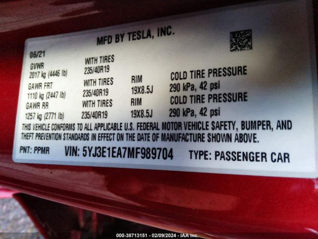 5YJ3E1EA7MF989704 Tesla Model 3 Standard Range Plus Rear-wheel Drive
