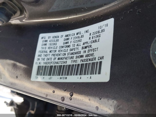 Honda ACCORD LX 2017 1HGCR2F32HA072549 Image 9