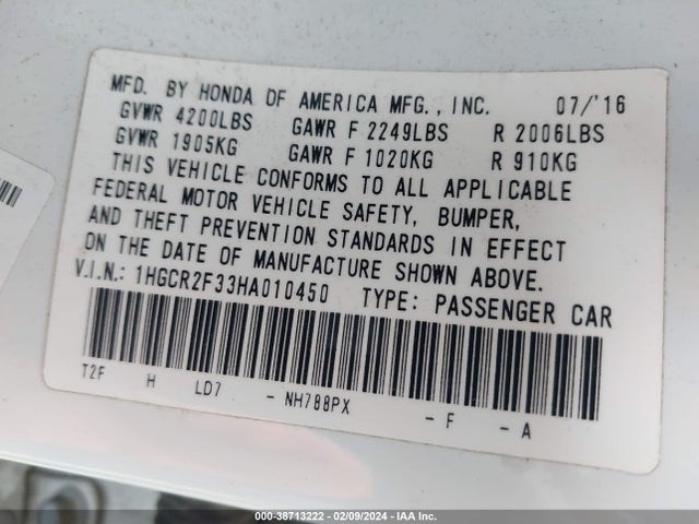 Honda ACCORD LX 2017 1HGCR2F33HA010450 Image 9