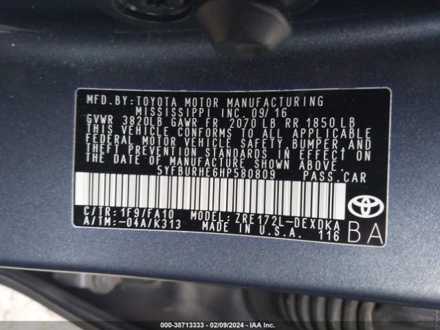 5YFBURHE6HP580809 Toyota Corolla L/le/se/se Special Edition/xle/xse