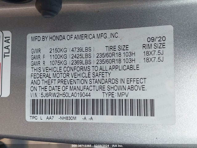 Honda Cr-v Awd Ex 2020 5J6RW2H50LA019044 Image 9