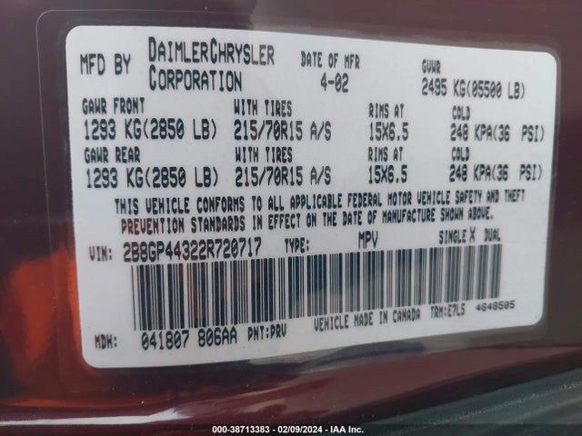 2002 DODGE CARAVAN SPORT VIN: 2B8GP44322R720717