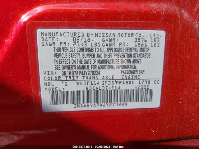 Nissan SENTRA SV 2018 3N1AB7AP4JY279224 Image 9