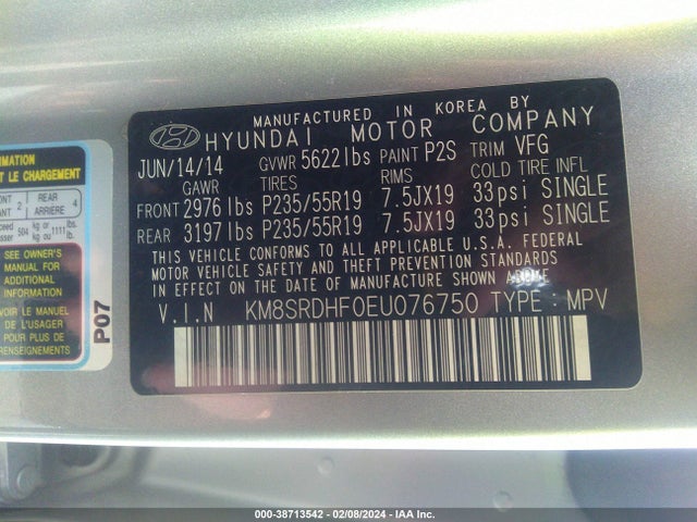 Hyundai Santa Fe Limited 2014 KM8SRDHF0EU076750 Image 9