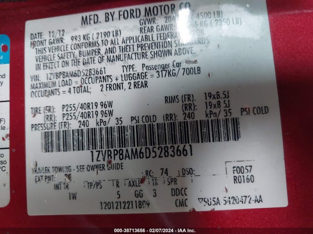 2013 FORD MUSTANG V6 VIN: 1ZVBP8AM6D5283661