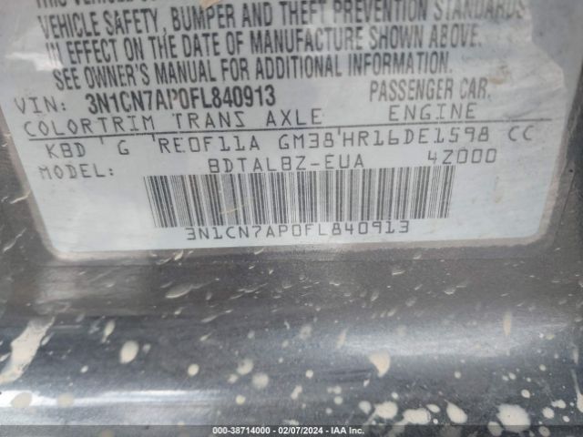 3N1CN7AP0FL840913 Nissan Versa 1.6 S/1.6 S+/1.6 Sl/1.6 Sv