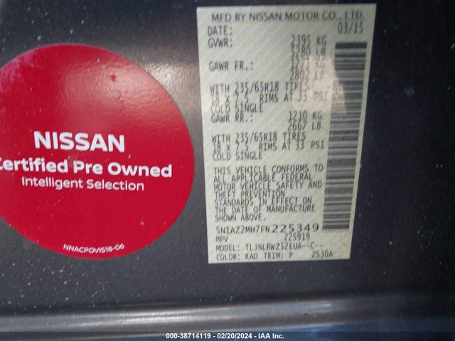 Nissan MURANO SL 2015 5N1AZ2MH7FN225349 Image 9