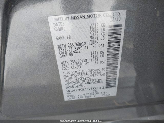 5N1DR2BM2LC650241 Nissan Pathfinder Sv 4wd