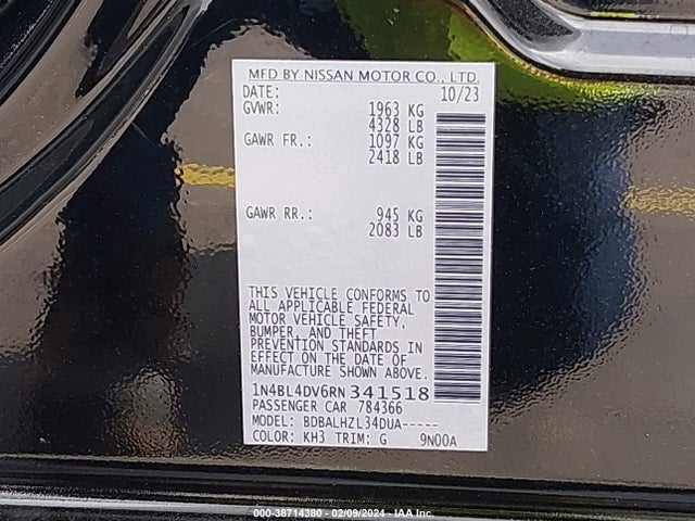 Продаж на аукціоні авто 2024 Nissan Altima Sv Fwd, vin: 1N4BL4DV6RN341518, номер лоту: 38714380