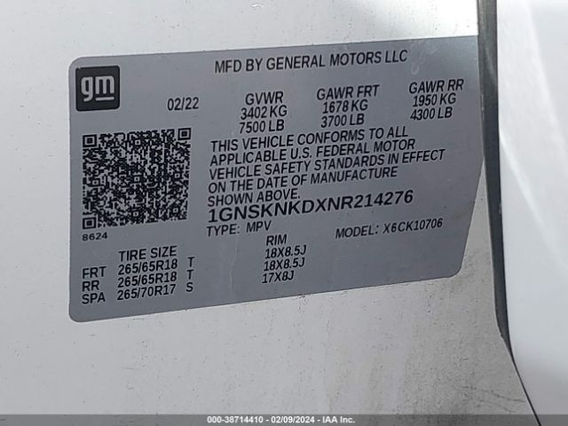 1GNSKNKDXNR214276 Chevrolet Tahoe 4wd Lt