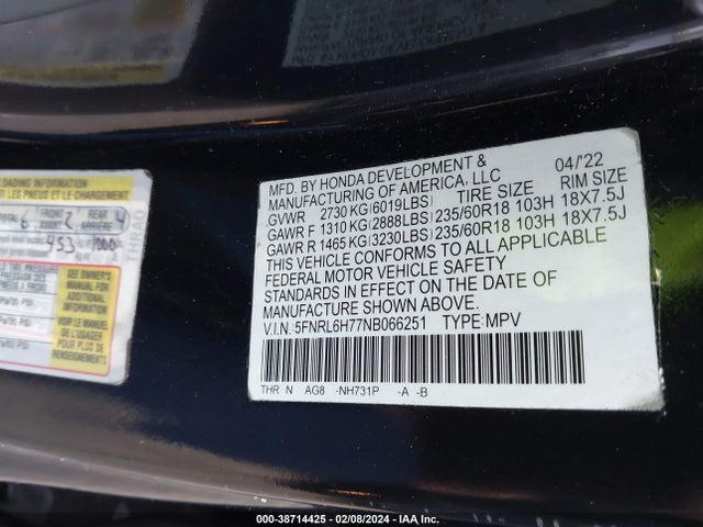 Honda Odyssey Ex-l 2022 5FNRL6H77NB066251 Image 9