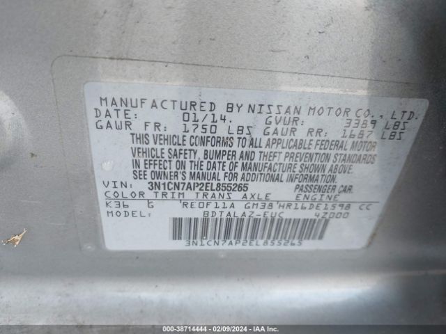 3N1CN7AP2EL855265 Nissan Versa 1.6 S+