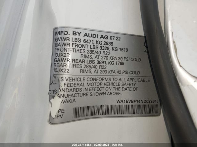 WA1EVBF14ND033645 Audi Q8 Premium Plus 55 Tfsi Quattro Tiptronic