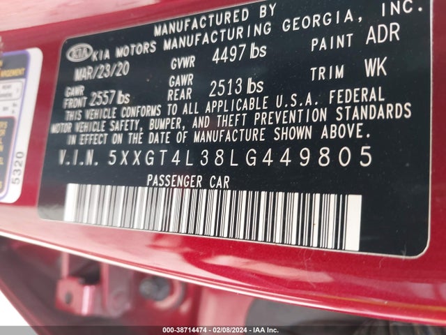 KIA Optima Se 2020 5XXGT4L38LG449805 Image 9
