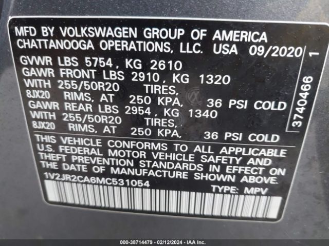 1V2JR2CA6MC531054 Volkswagen Atlas 3.6l V6 Se W/technology