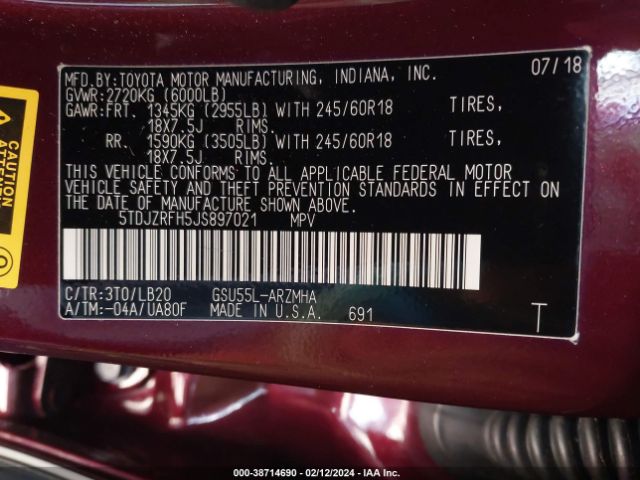 5TDJZRFH5JS897021 Toyota Highlander Xle