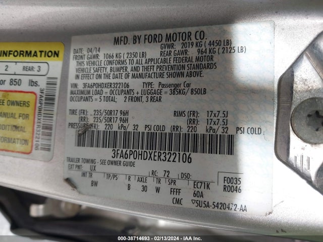 Ford FUSION SE 2014 3FA6P0HDXER322106 Image 9