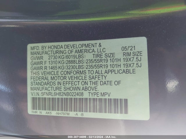 Honda Odyssey Touring 2022 5FNRL6H82NB022408 Image 9