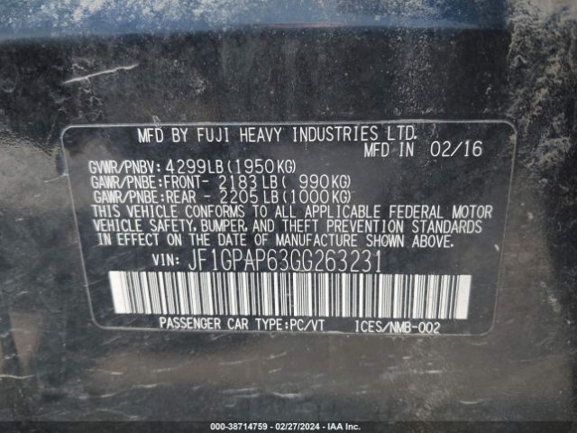 JF1GPAP63GG263231 Subaru Impreza 2.0i Sport Premium
