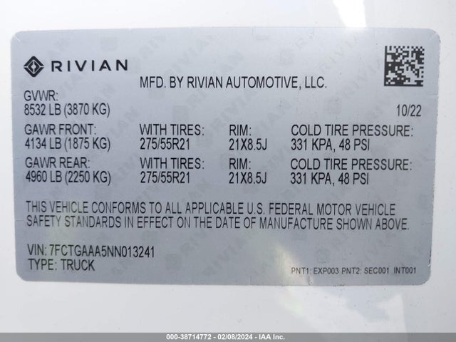 Rivian R1t Adventure 2022 7FCTGAAA5NN013241 Image 9