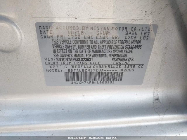 Nissan Versa 1.6 Sv 2019 3N1CN7AP8KL823531 Image 9