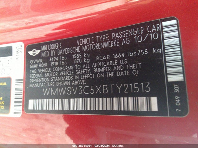 2011 MINI COOPER S WMWSV3C5XBTY21513 Photo 8