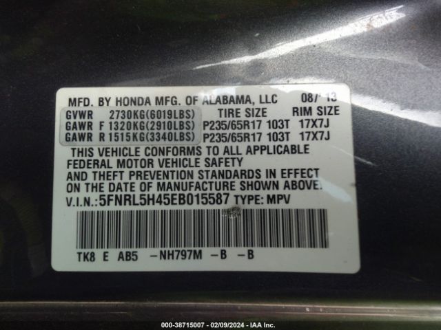 5FNRL5H45EB015587 Honda ODYSSEY EX